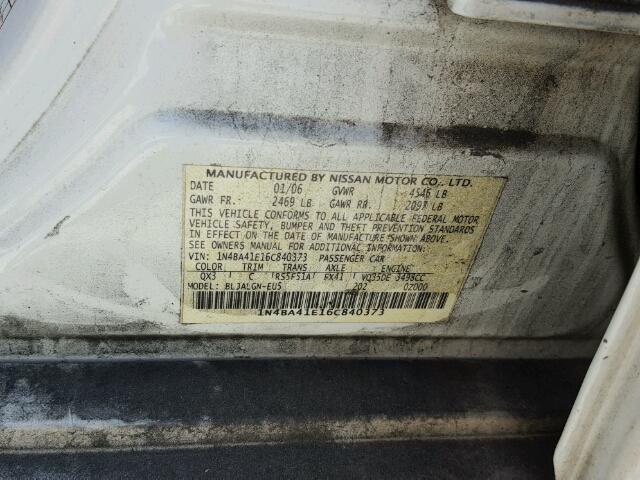 1N4BA41E16C840373 - 2006 NISSAN MAXIMA SE/ WHITE photo 10