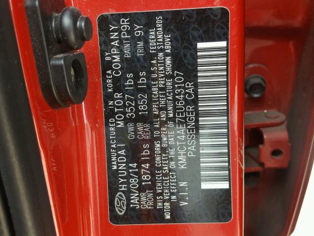 KMHCT4AE7EU643107 - 2014 HYUNDAI ACCENT GLS RED photo 10