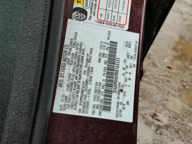 3FAHP0HA9BR165551 - 2011 FORD FUSION SE BURGUNDY photo 10