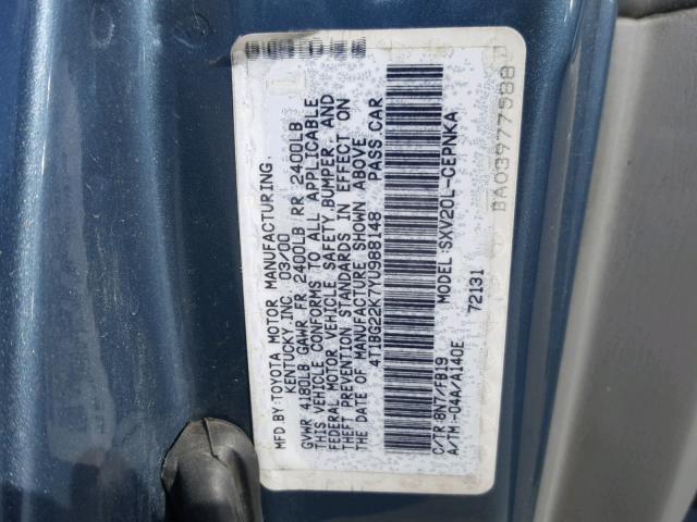 4T1BG22K7YU988148 - 2000 TOYOTA CAMRY CE BLUE photo 10