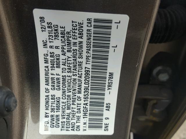 1HGFA16539L020997 - 2009 HONDA CIVIC LX GRAY photo 10