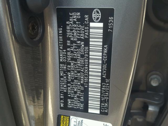 4T1BE32K84U879106 - 2004 TOYOTA CAMRY LE GRAY photo 10