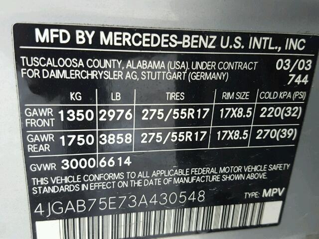 4JGAB75E73A430548 - 2003 MERCEDES-BENZ ML 500 SILVER photo 10