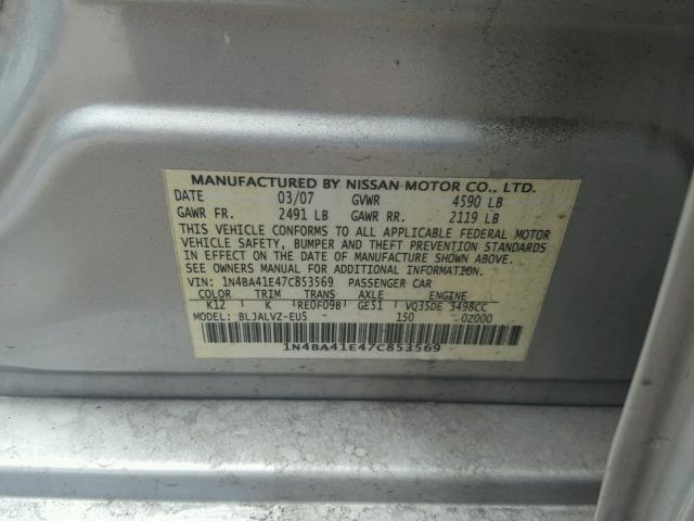 1N4BA41E47C853569 - 2007 NISSAN MAXIMA SE SILVER photo 10