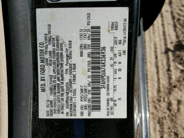 3FAHP0JA7AR336936 - 2010 FORD FUSION SEL BLACK photo 10