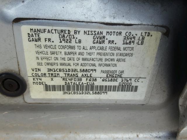 3N1CB51D32L588099 - 2002 NISSAN SENTRA XE GRAY photo 10