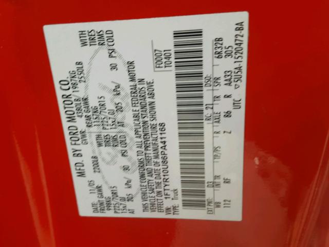 1FTYR10U86PA41168 - 2006 FORD RANGER RED photo 10