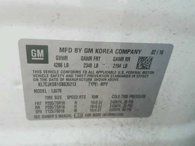 KL7CJKSB1GB635213 - 2016 CHEVROLET TRAX LS WHITE photo 10