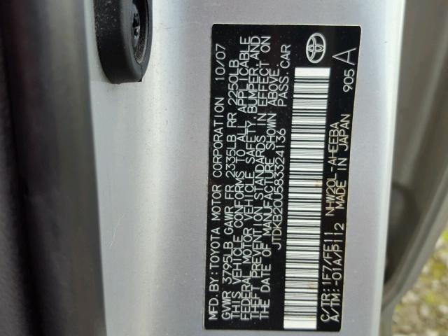 JTDKB20U583324136 - 2008 TOYOTA PRIUS SILVER photo 10