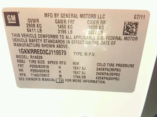 1GKKRRED3CJ119579 - 2012 GMC ACADIA SLT თეთრი ფოტო 10