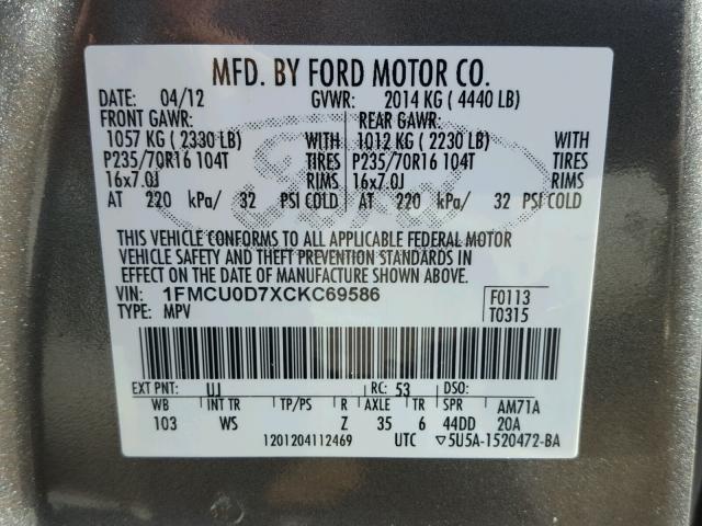 1FMCU0D7XCKC69586 - 2012 FORD ESCAPE XLT GRAY photo 10