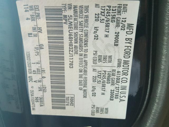 5LMEU68H83ZJ11783 - 2003 LINCOLN AVIATOR 黑色 照片 10