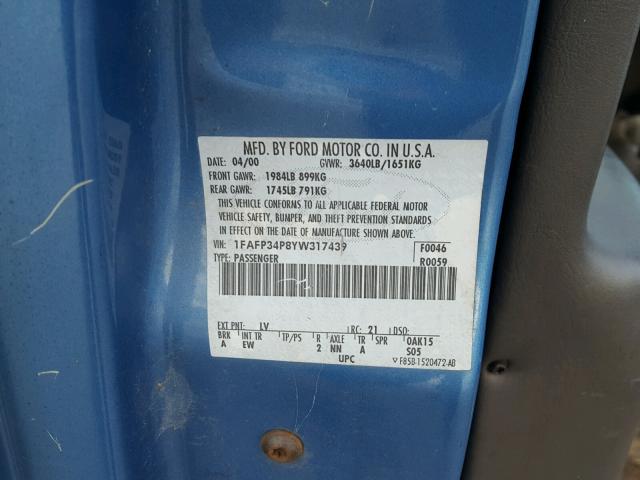 1FAFP34P8YW317439 - 2000 FORD FOCUS SE BLUE photo 10