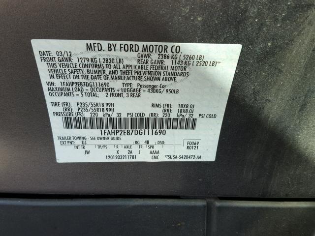 1FAHP2E87DG111690 - 2013 FORD TAURUS SEL GRAY photo 10