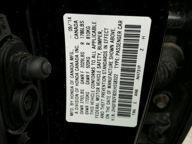 2HGFB2F82EH558322 - 2014 HONDA CIVIC EX შავი ფოტო 10