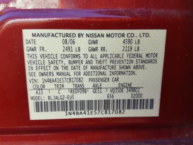 1N4BA41E57C817082 - 2007 NISSAN MAXIMA SE RED photo 10