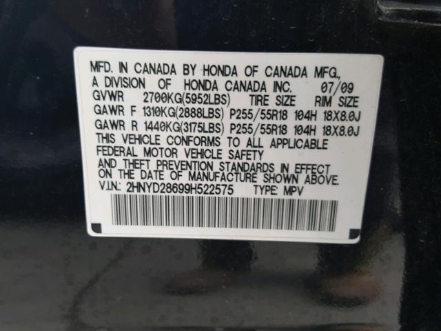 2HNYD28699H522575 - 2009 ACURA MDX TECHNO BLACK photo 10