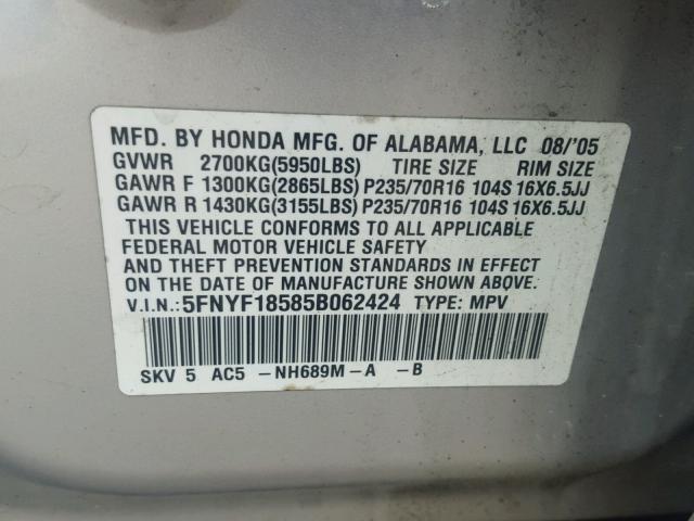 5FNYF18585B062424 - 2005 HONDA PILOT EXL GRAY photo 10