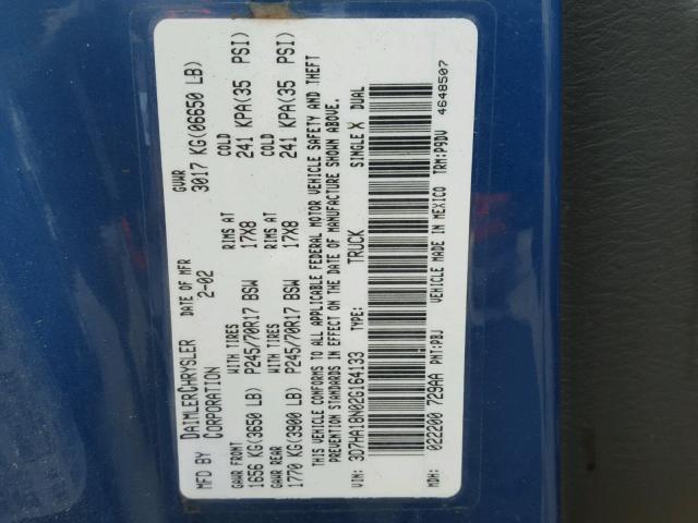 3D7HA18N02G164133 - 2002 DODGE RAM 1500 BLUE photo 10