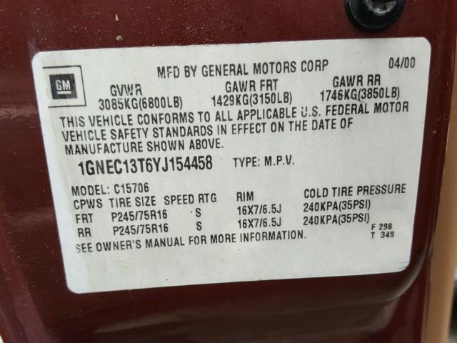 1GNEC13T6YJ154458 - 2000 CHEVROLET TAHOE C150 RED photo 10