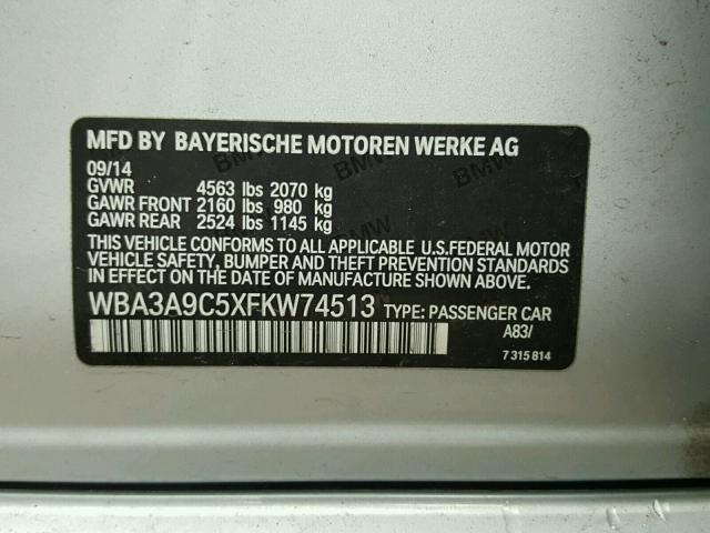 WBA3A9C5XFKW74513 - 2015 BMW 335 I SILVER photo 10