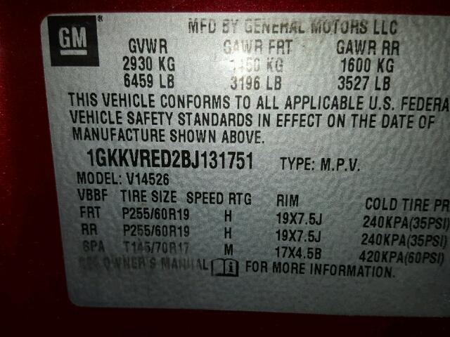 1GKKVRED2BJ131751 - 2011 GMC ACADIA SLT მუქწითელი ფოტო 10