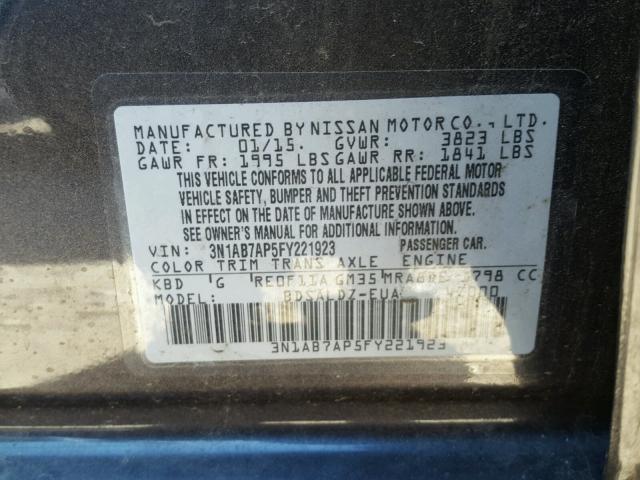 3N1AB7AP5FY221923 - 2015 NISSAN SENTRA S GRAY photo 10