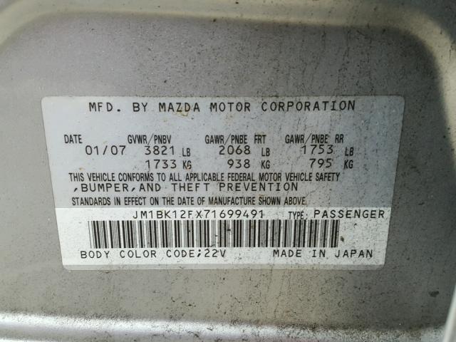 JM1BK12FX71699491 - 2007 MAZDA 3 I SILVER photo 10