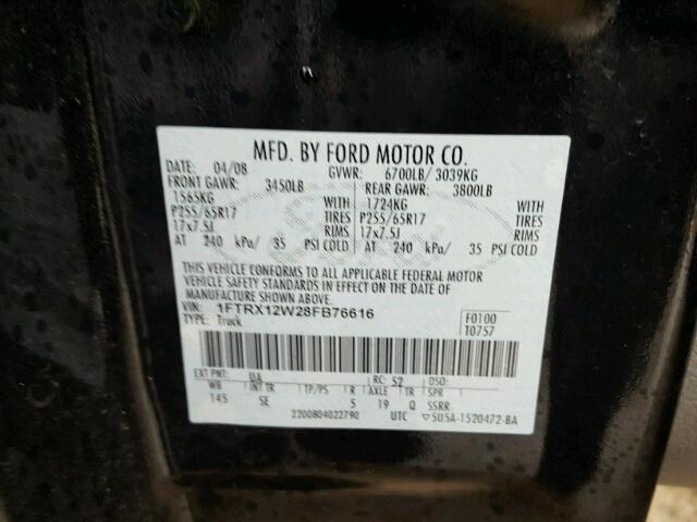 1FTRX12W28FB76616 - 2008 FORD F150 BLACK photo 10