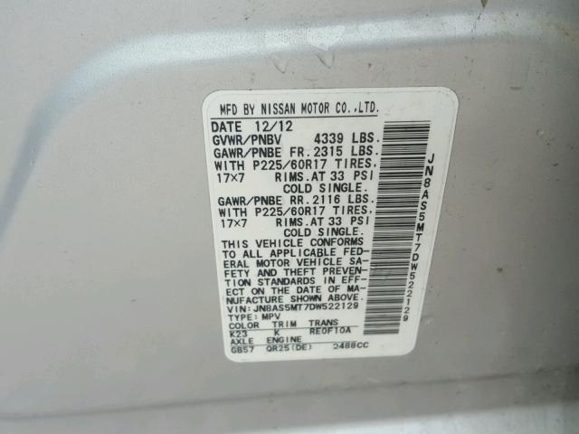 JN8AS5MT7DW522129 - 2013 NISSAN ROGUE S SILVER photo 10