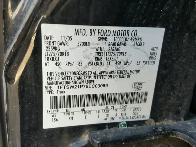 1FTSW21P76EC00089 - 2006 FORD F250 SUPER BLACK photo 10