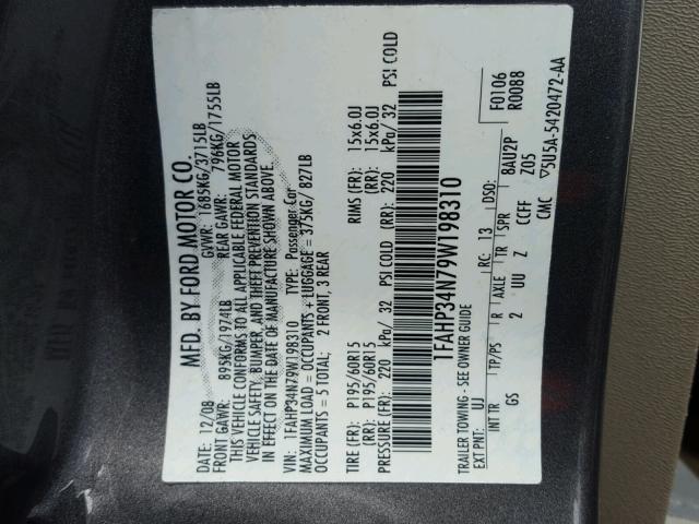 1FAHP34N79W198310 - 2009 FORD FOCUS S GRAY photo 10