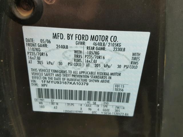 1FMYU93187KA10379 - 2007 FORD ESCAPE XLT SILVER photo 10