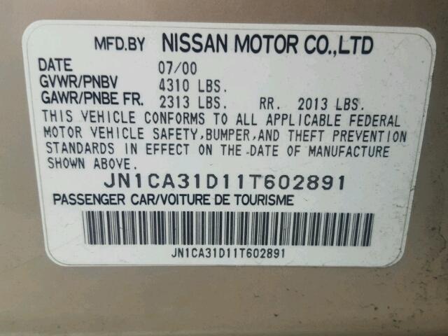 JN1CA31D11T602891 - 2001 NISSAN MAXIMA GXE BEIGE photo 10