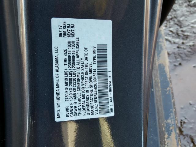 5FNRL6H28JB013914 - 2018 HONDA ODYSSEY LX CHARCOAL photo 10