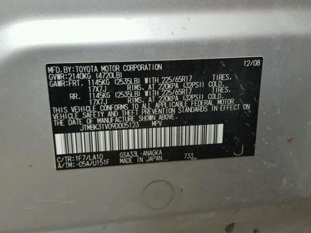 JTMBK31V09D005123 - 2009 TOYOTA RAV4 LIMIT SILVER photo 10