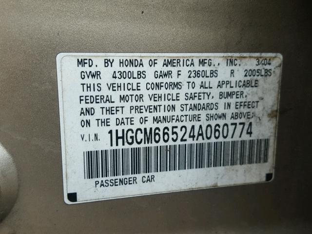 1HGCM66524A060774 - 2004 HONDA ACCORD EX GOLD photo 10