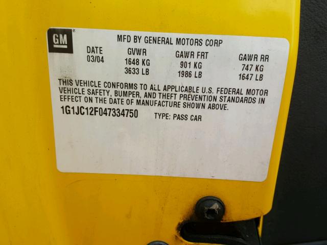 1G1JC12F047334750 - 2004 CHEVROLET CAVALIER YELLOW photo 10