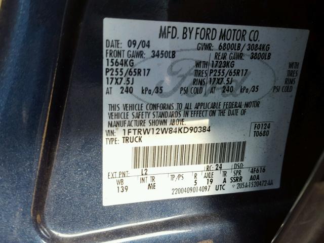 1FTRW12W84KD90384 - 2004 FORD F150 SUPER BLUE photo 10