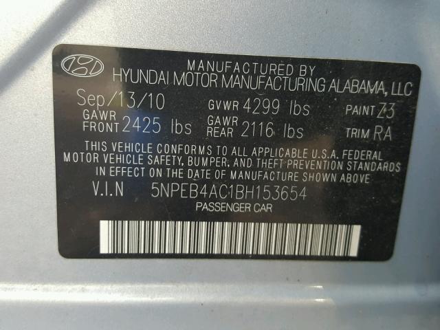 5NPEB4AC1BH153654 - 2011 HYUNDAI SONATA GLS BLUE photo 10