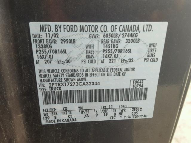 2FTRX17273CA32344 - 2003 FORD F150 GRAY photo 10