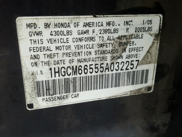 1HGCM66555A032257 - 2005 HONDA ACCORD EX GRAY photo 10