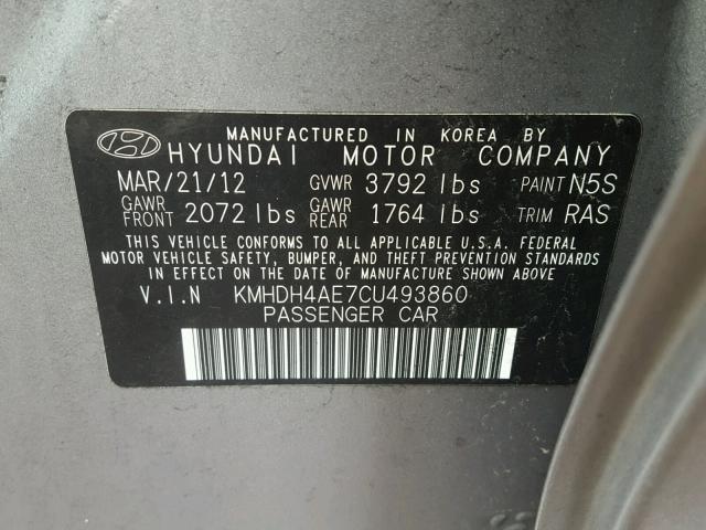 KMHDH4AE7CU493860 - 2012 HYUNDAI ELANTRA GL GRAY photo 10