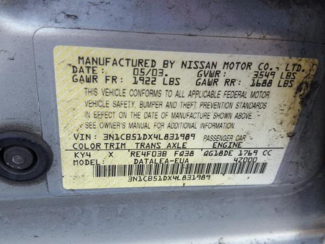 3N1CB51DX4L831989 - 2004 NISSAN SENTRA 1.8 SILVER photo 10