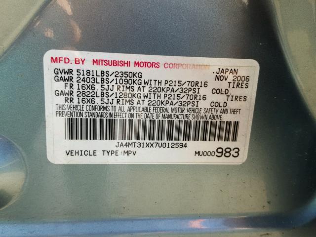 JA4MT31XX7U012594 - 2007 MITSUBISHI OUTLANDER BLUE photo 10