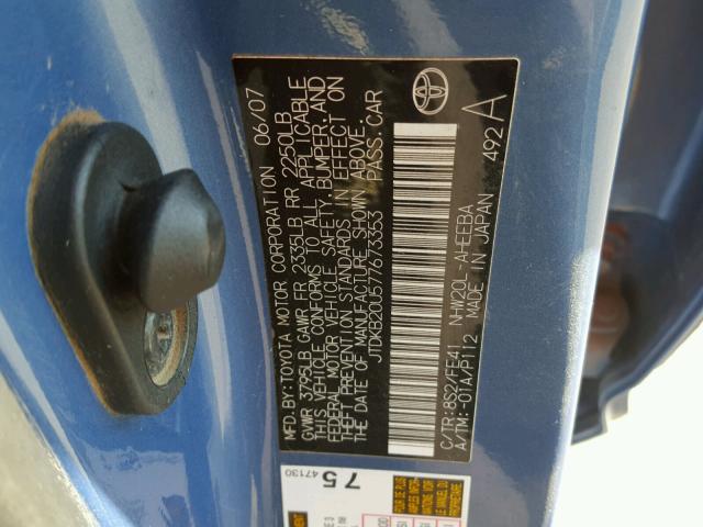 JTDKB20U577673353 - 2007 TOYOTA PRIUS BLUE photo 10