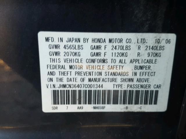 JHMCN36407C001344 - 2007 HONDA ACCORD HYB GRAY photo 10