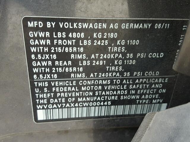 WVGAV7AX4CW000445 - 2012 VOLKSWAGEN TIGUAN S GRAY photo 10