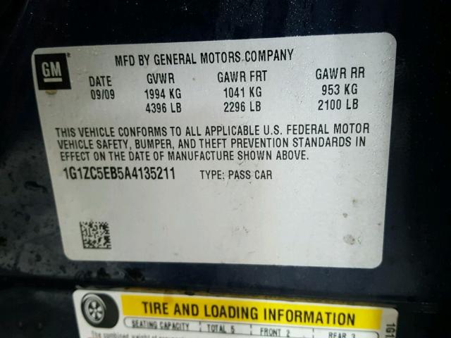 1G1ZC5EB5A4135211 - 2010 CHEVROLET MALIBU 1LT 蓝色 照片 10