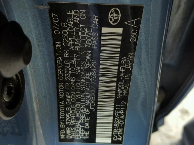 JTDKB20U177684981 - 2007 TOYOTA PRIUS BLUE photo 10